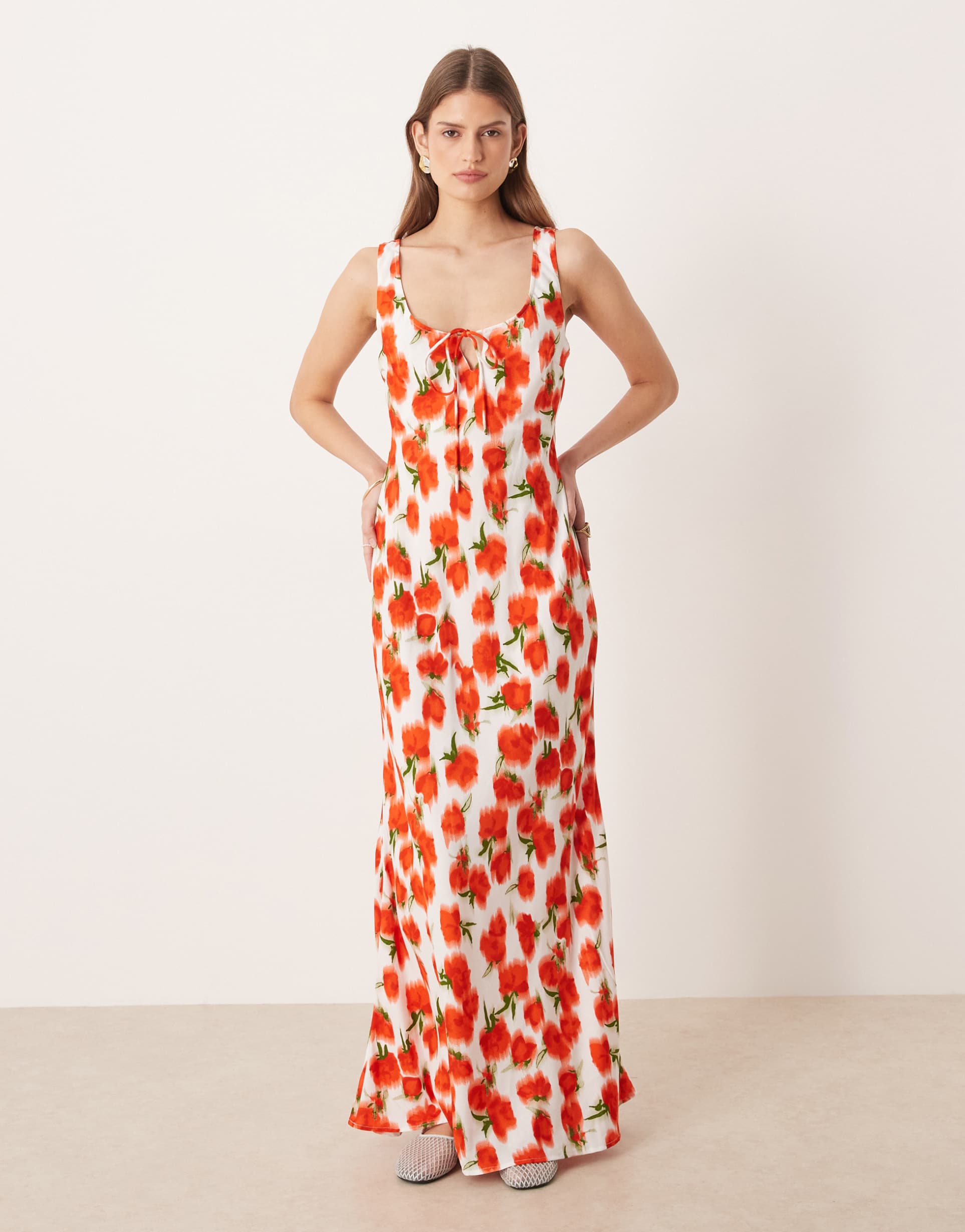 asos design scoop neck tie front midi dress in blurred rose print