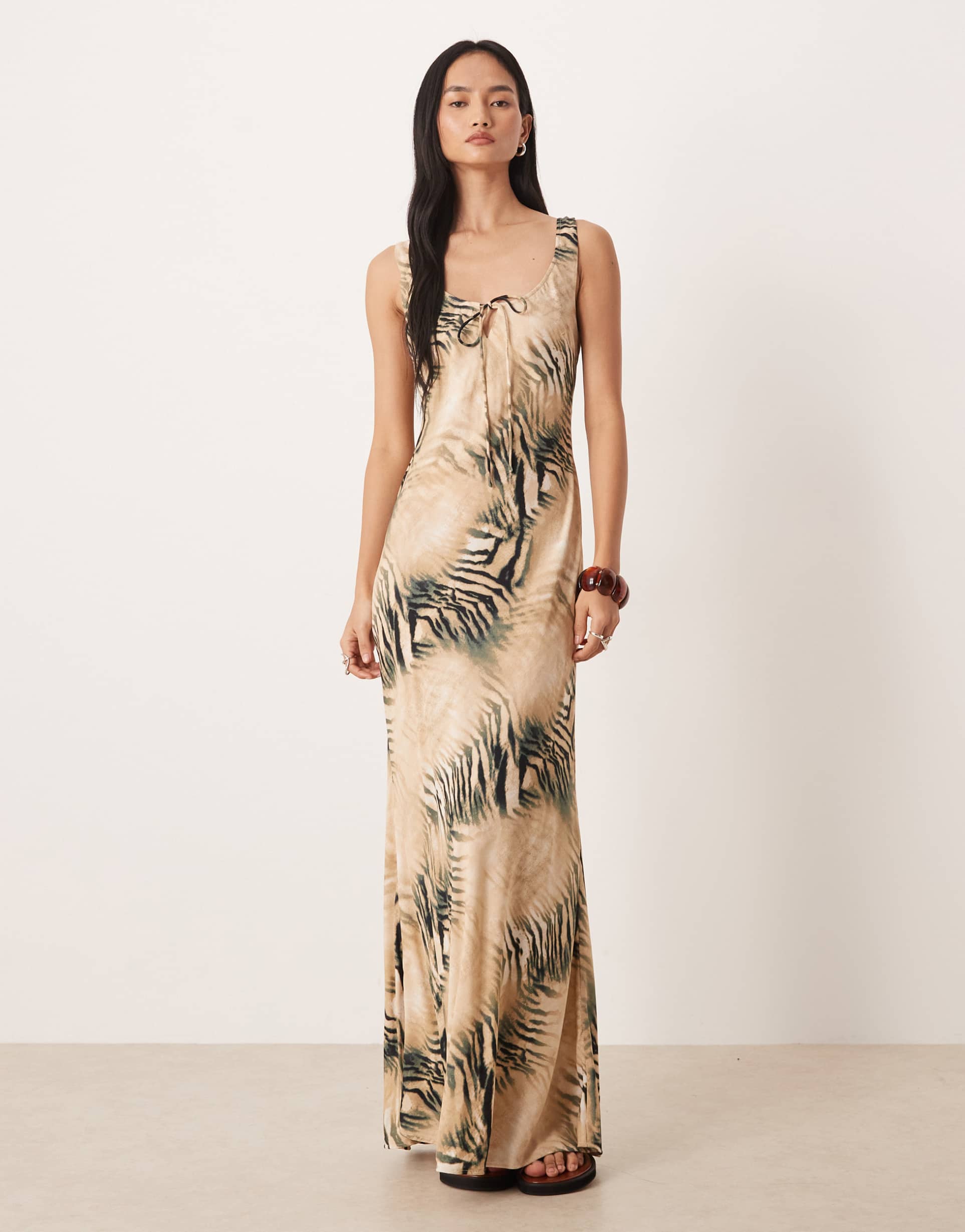 asos design scoop neck tie front midi dress in blurred tiger print