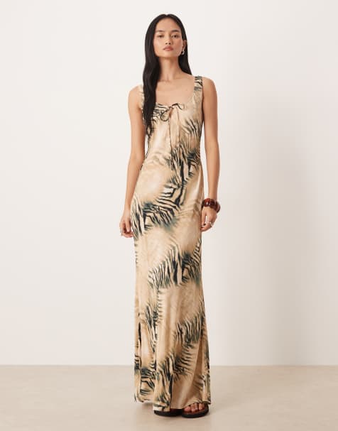 ASOS DESIGN scoop neck tie front midi dress in blurred tiger print