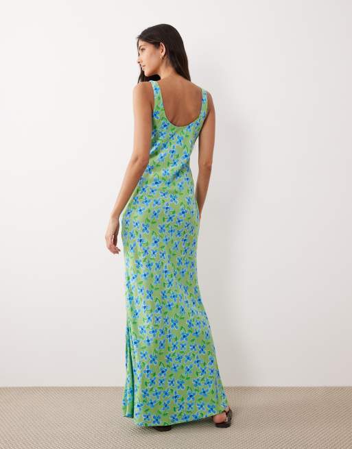 ASOS DESIGN scoop neck tie front midi dress in green floral print, 3 of 4