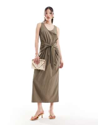 asos design scoop neck tie front midi dress in khaki