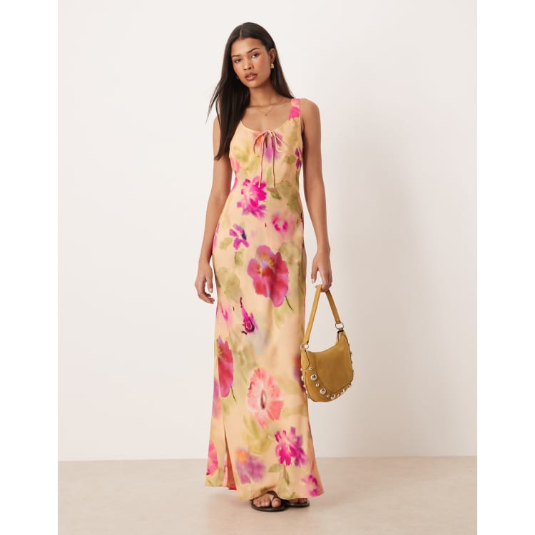 knee length dresses for ladies Multicolor Floral Scoop Neck A-Line Ruffle Midi Dress