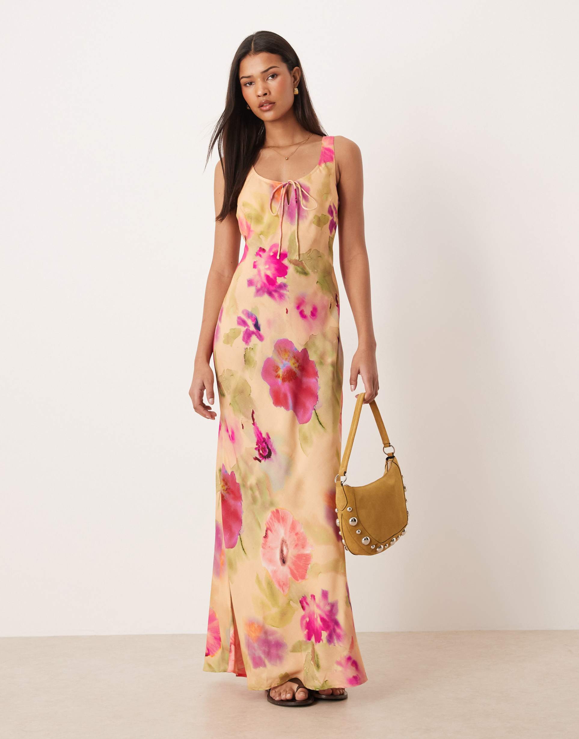 asos design scoop neck tie front midi dress in multi floral print