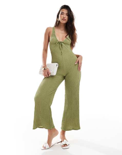 ASOS DESIGN scoop neck tie front racer jumpsuit in olive - view 1