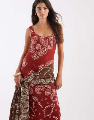 Asos Design Scoop Neck Tie Waist Detail Maxi Dress In Multi
