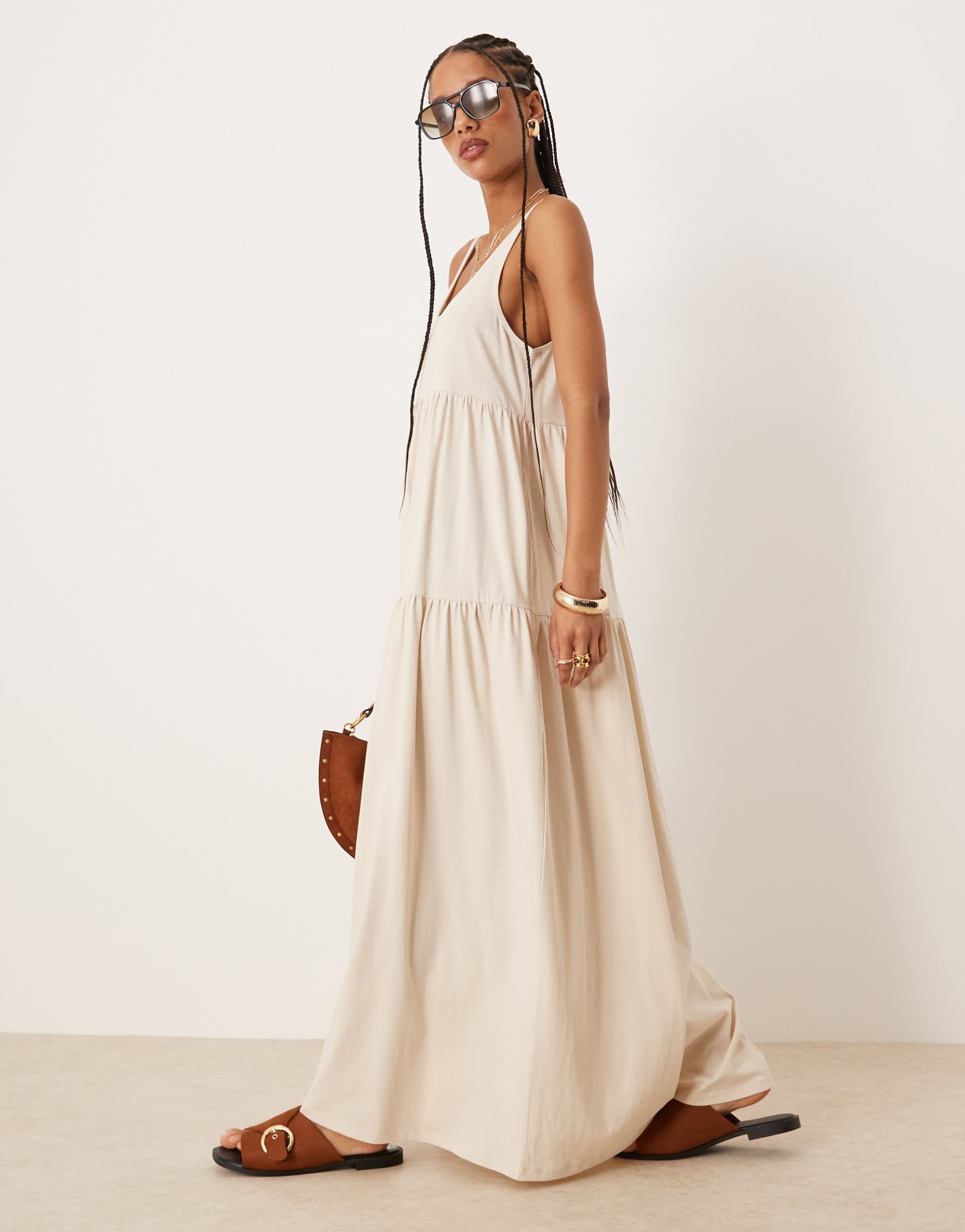 asos design scoop neck tiered trapeze maxi dress in cream