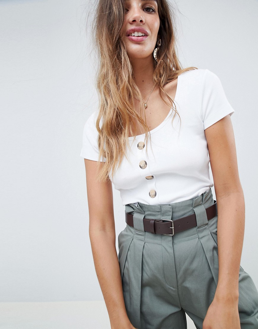 ASOS DESIGN scoop neck top in rib with buttons-White