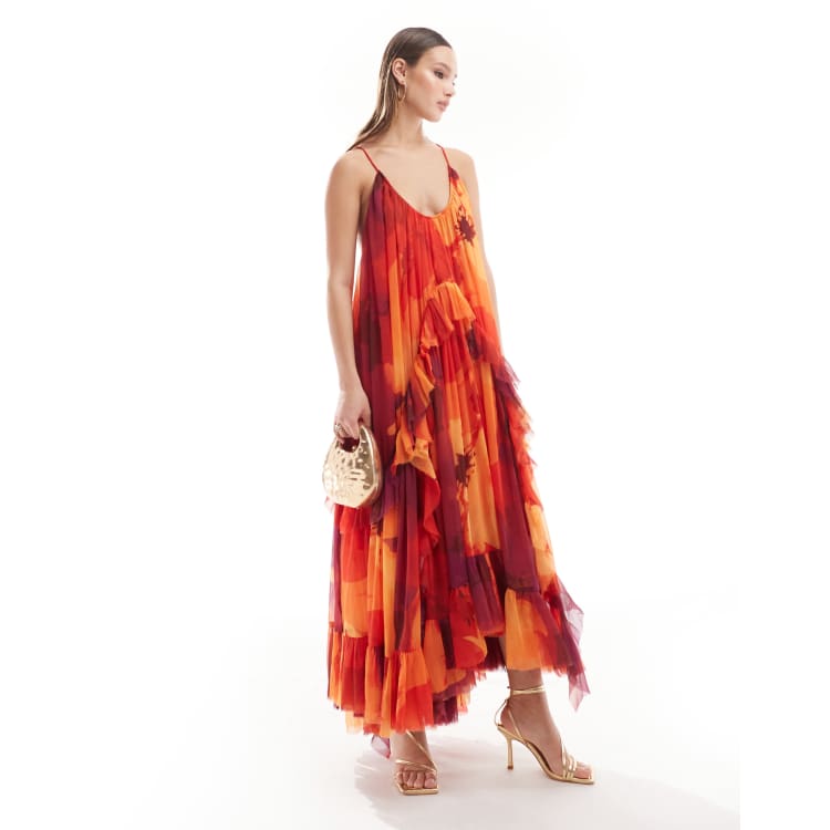 ASOS DESIGN scoop neck trapeze maxi dress with frill in bright