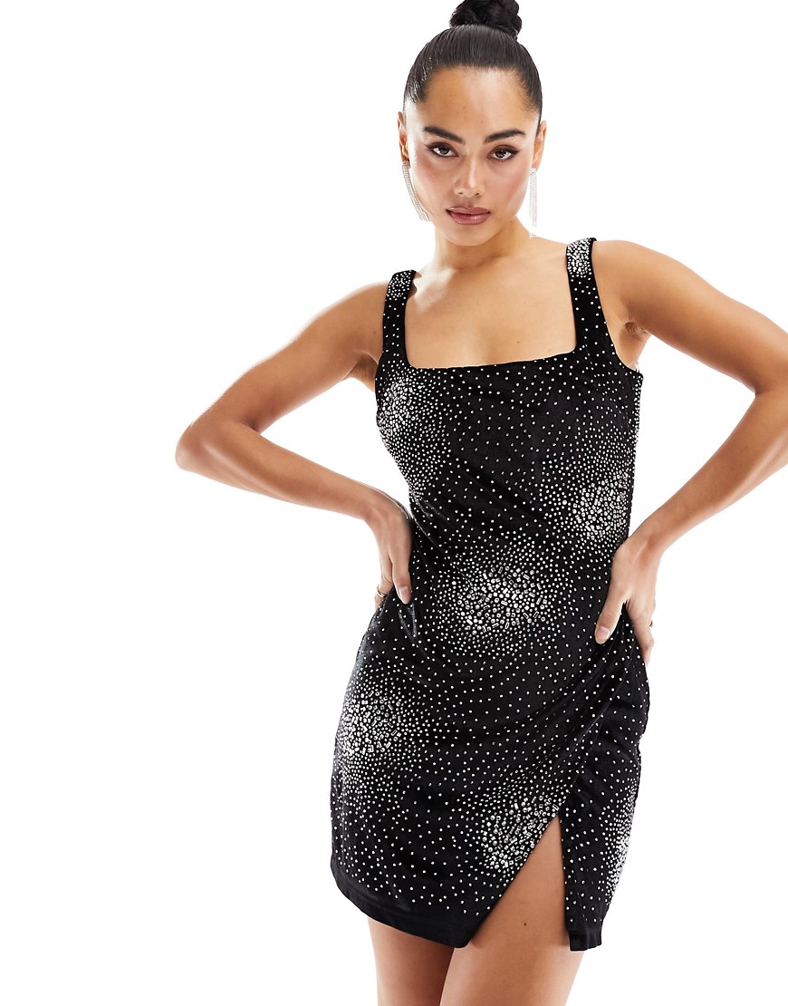 ASOS DESIGN scoop neck velvet cami mini dress with star embellishment in black