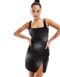 [ASOS DESIGN] ASOS DESIGN scoop neck velvet cami mini dress with star embellishment in black 8 Black