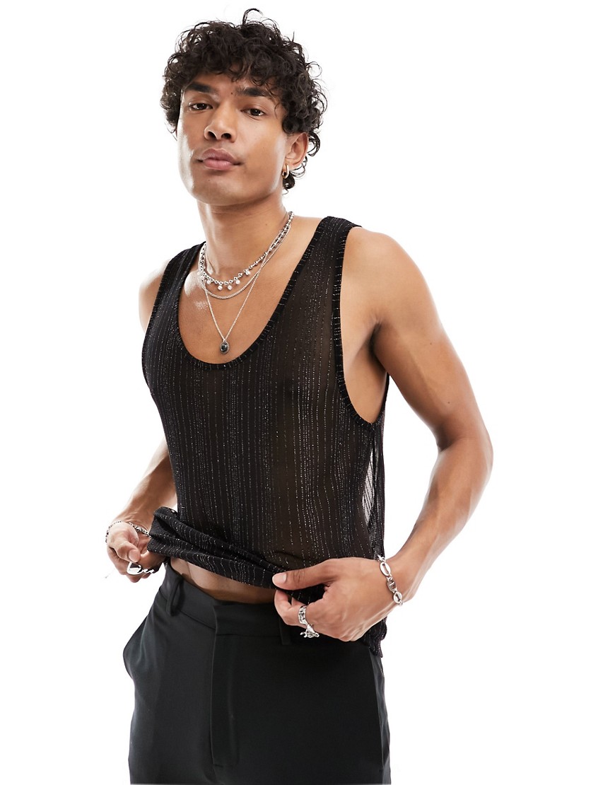 ASOS DESIGN scoop neck vest in glitter mesh-Black