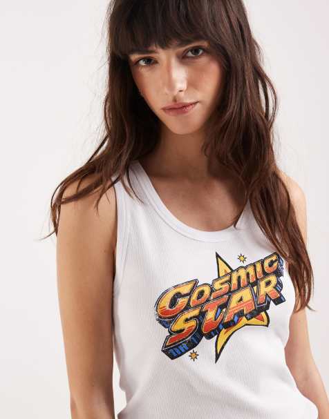 ASOS DESIGN scoop neck vest top in cosmic star graphic in white - view 1