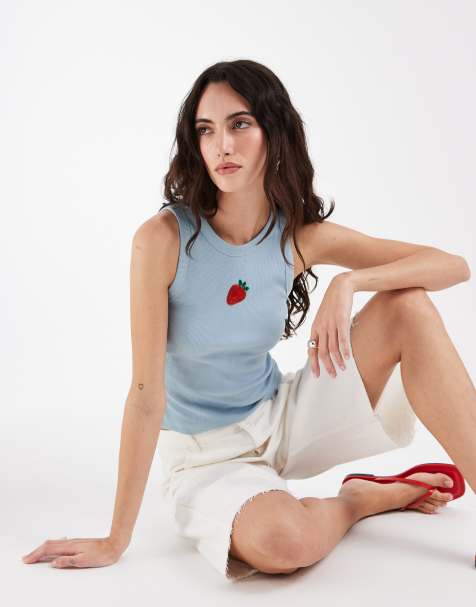 ASOS DESIGN scoop neck vest with embellished strawberry graphic in baby blue - view 1