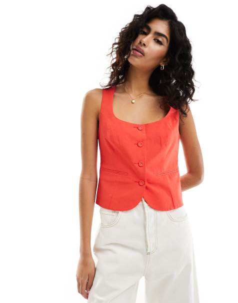 ASOS DESIGN scoop neck vest with linen in red - view 1
