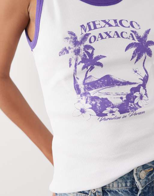 ASOS DESIGN Scoop neck vest with Oaxaca graphic in white and purple, 3 of 4