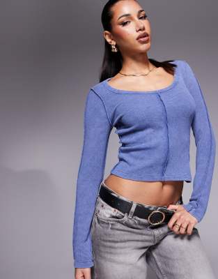 scoop neck waffle long sleeve top with seam detail in washed indigo-Blue