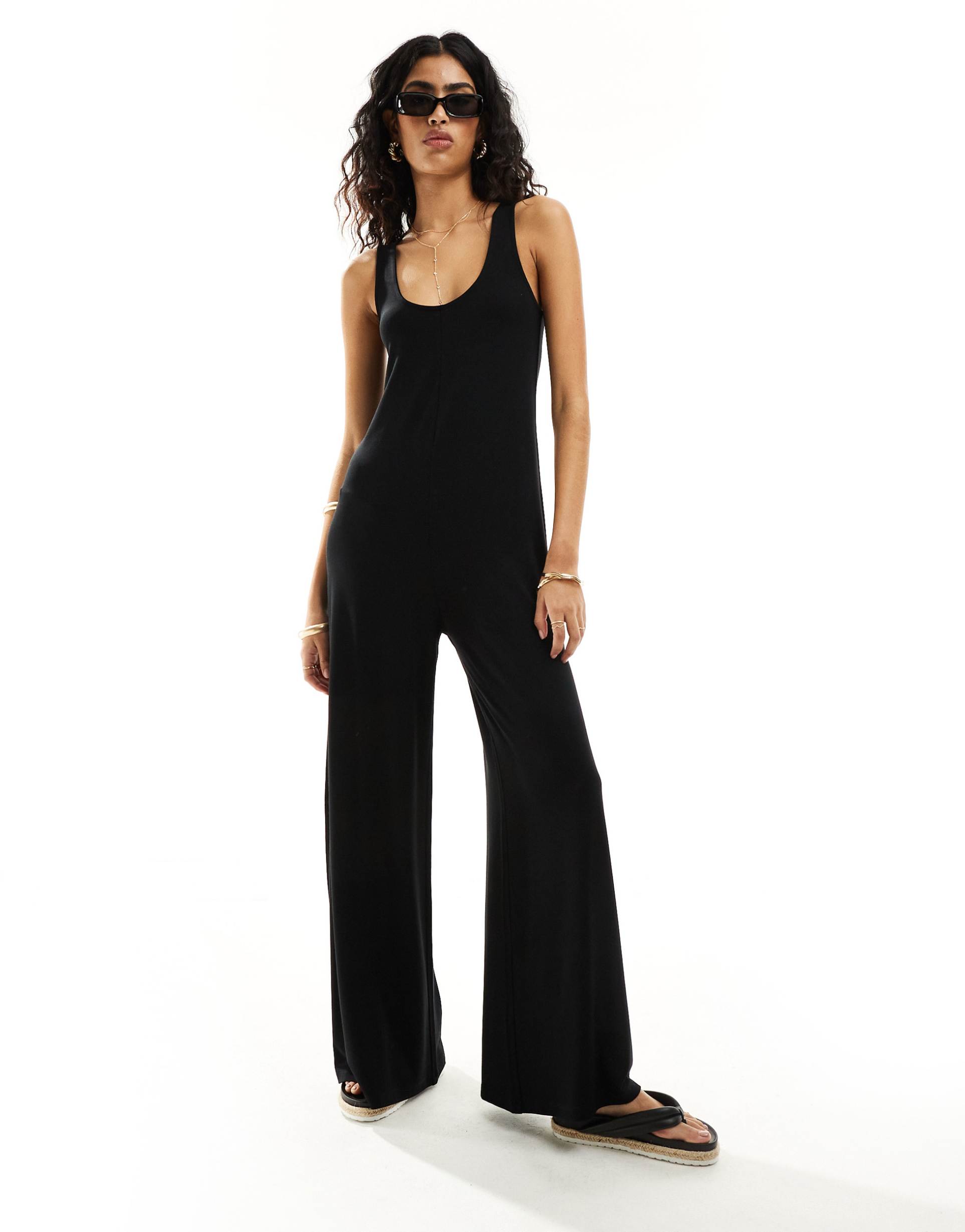 asos design scoop neck wide leg jumpsuit in black