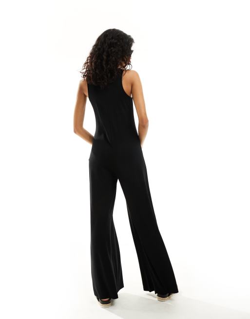 ASOS DESIGN square neck flare leg tailored jumpsuit in black