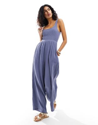 Asos Design Scoop Neck Wide Leg Jumpsuit In Blue