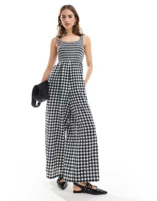 Asos Design Scoop Neck Wide Leg Jumpsuit In Mono Gingham-multi