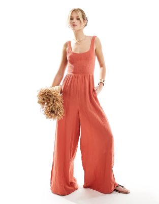 ASOS DESIGN scoop neck wide leg jumpsuit in rust - ASOS Price Checker