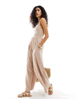 ASOS DESIGN scoop neck wide leg jumpsuit in taupe-Brown