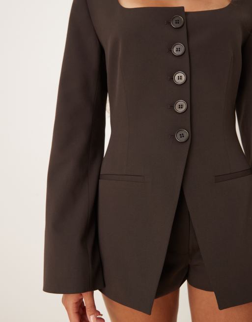 ASOS DESIGN scoop neckline cinch blazer in chocolate, 3 of 4