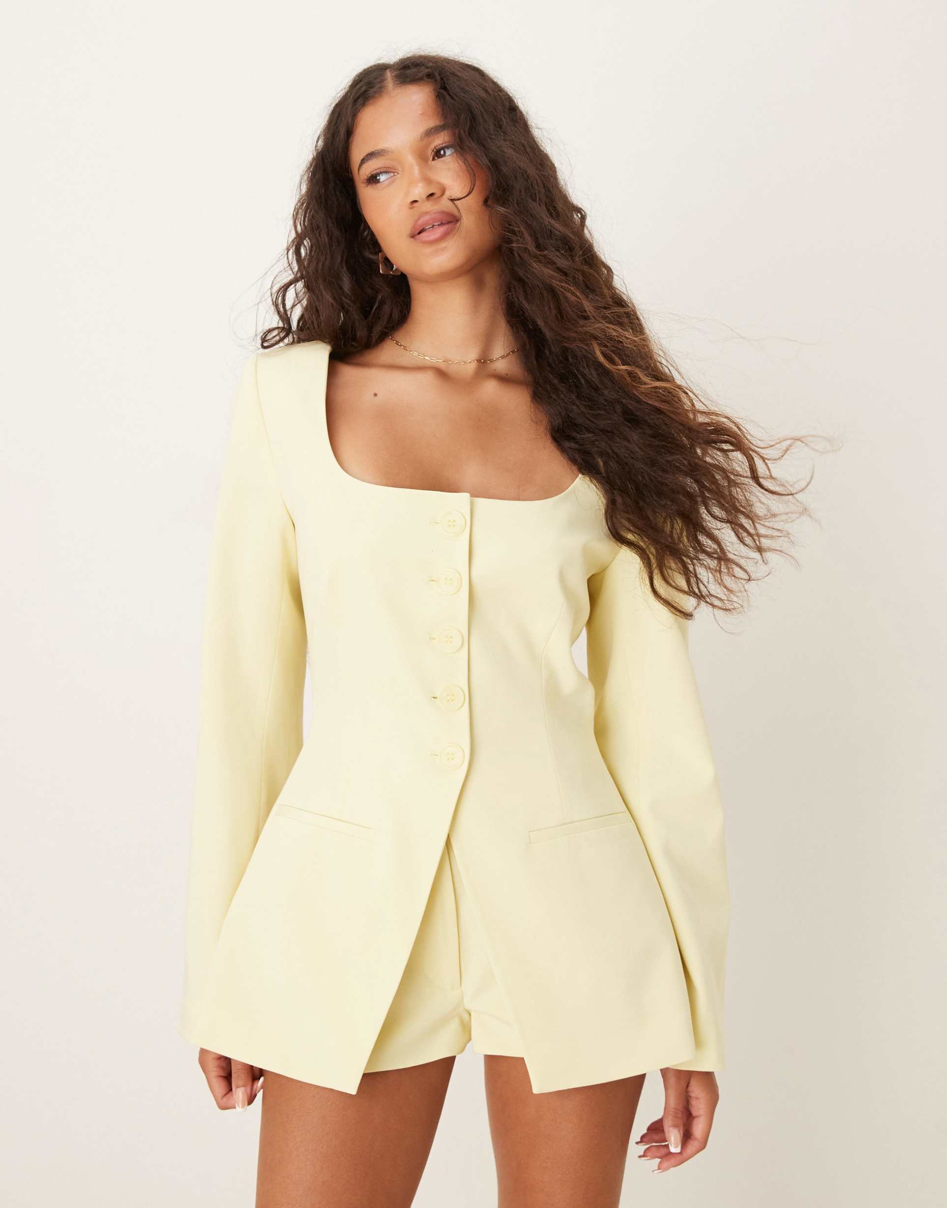 asos design scoop neckline cinched blazer in lemon