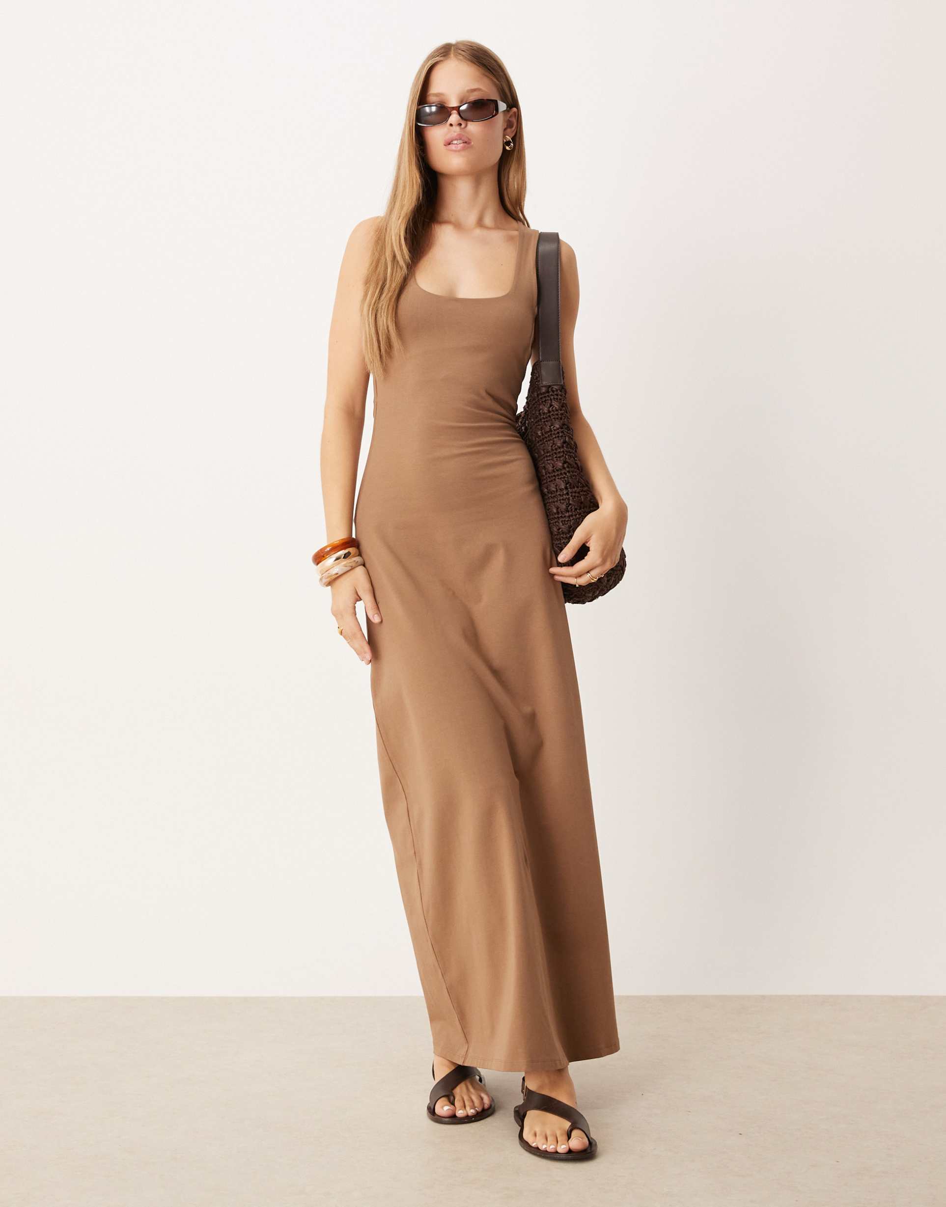 asos design scoop racer maxi dress in brown