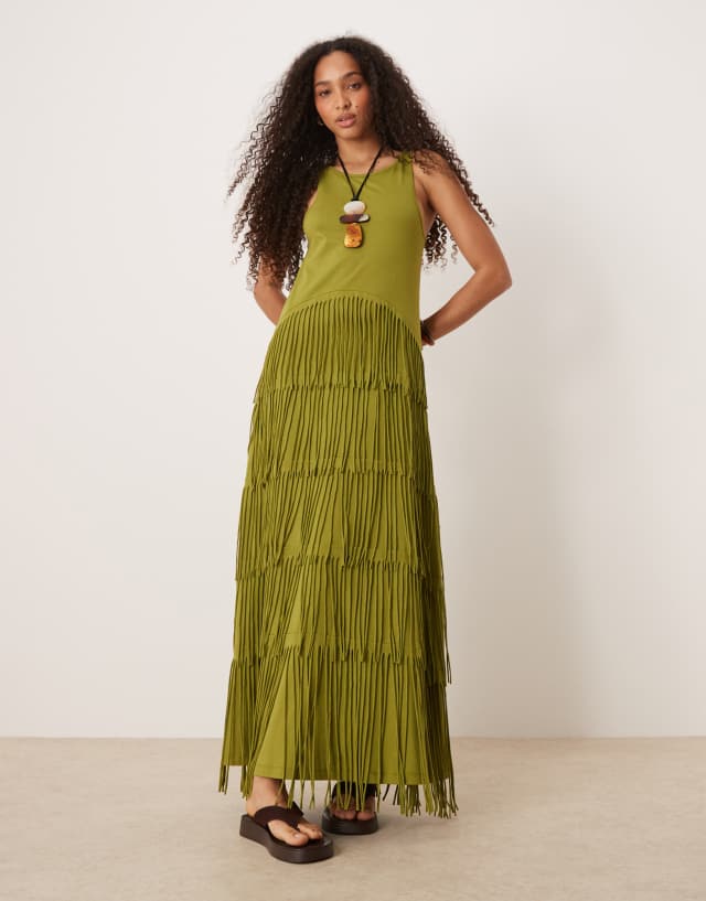 ASOS DESIGN scoop racer neck fringe maxi dress in green