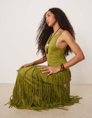 Asos Design Scoop Racer Neck Fringe Maxi Dress