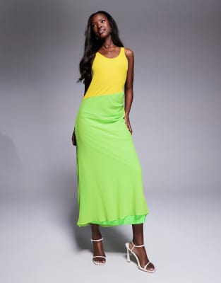 ASOS DESIGN scoop racer with chiffon skirt maxi dress in green and yellow colourblock-Multi
