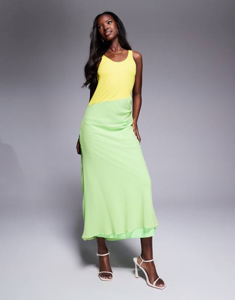 ASOS DESIGN scoop racer with chiffon skirt maxi dress in green and yellow colourblock - view 1
