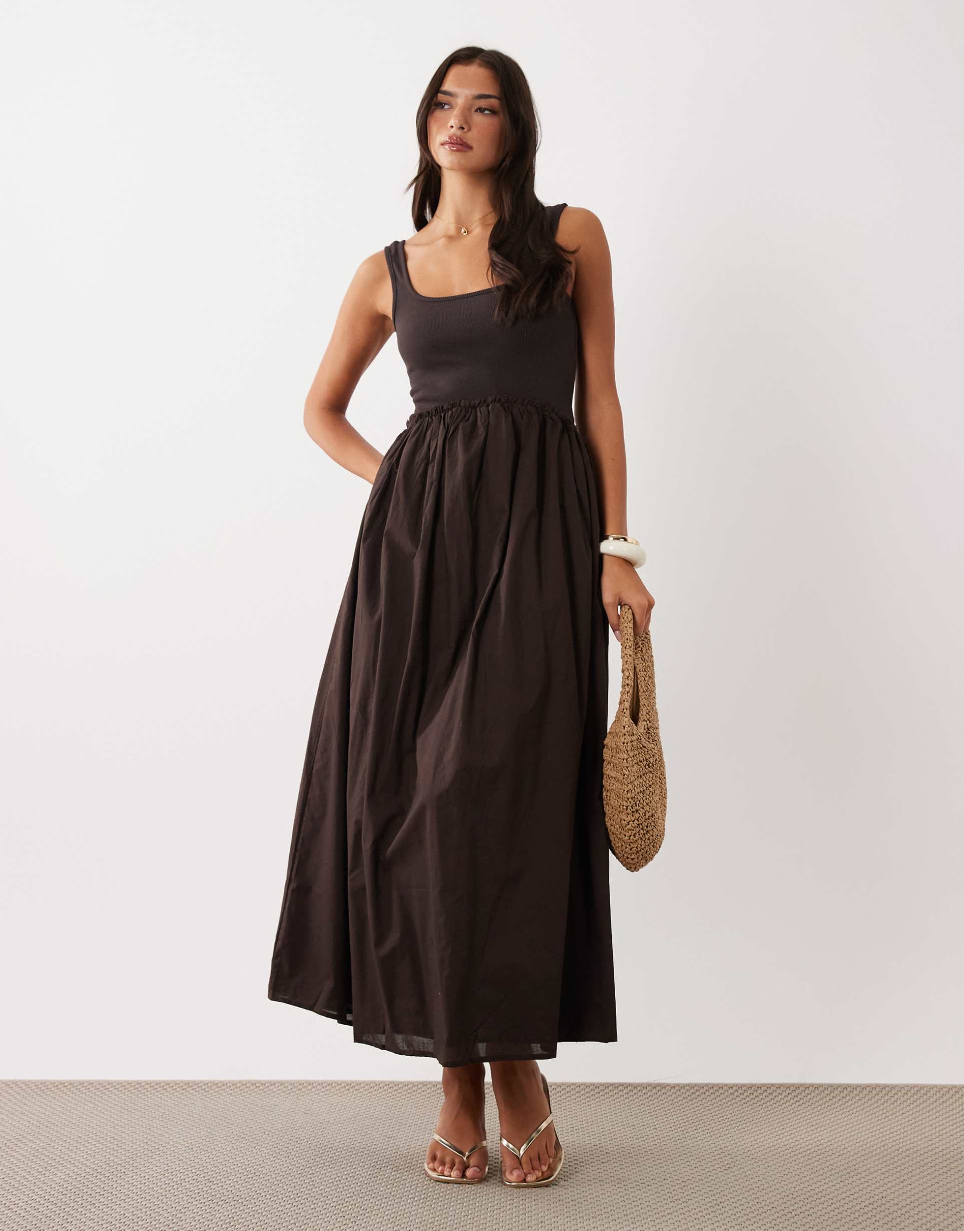 asos design scoop ribbed bodice with poplin skirt midi dress in chocolate