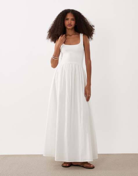 ASOS DESIGN scoop ribbed bodice with poplin skirt midi dress in white - view 1