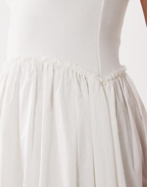 ASOS DESIGN scoop ribbed bodice with poplin skirt midi dress in white, 3 of 4