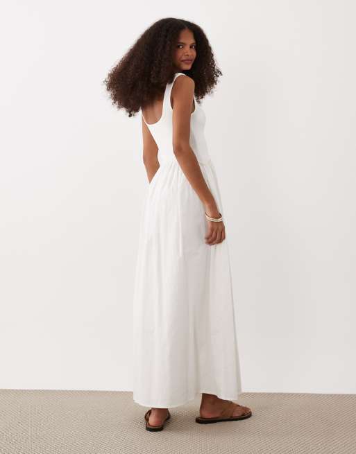 ASOS DESIGN scoop ribbed bodice with poplin skirt midi dress in white, 4 of 4