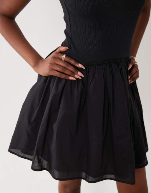 ASOS DESIGN scoop ribbed bodice with poplin skirt mini dress in black, 3 of 4