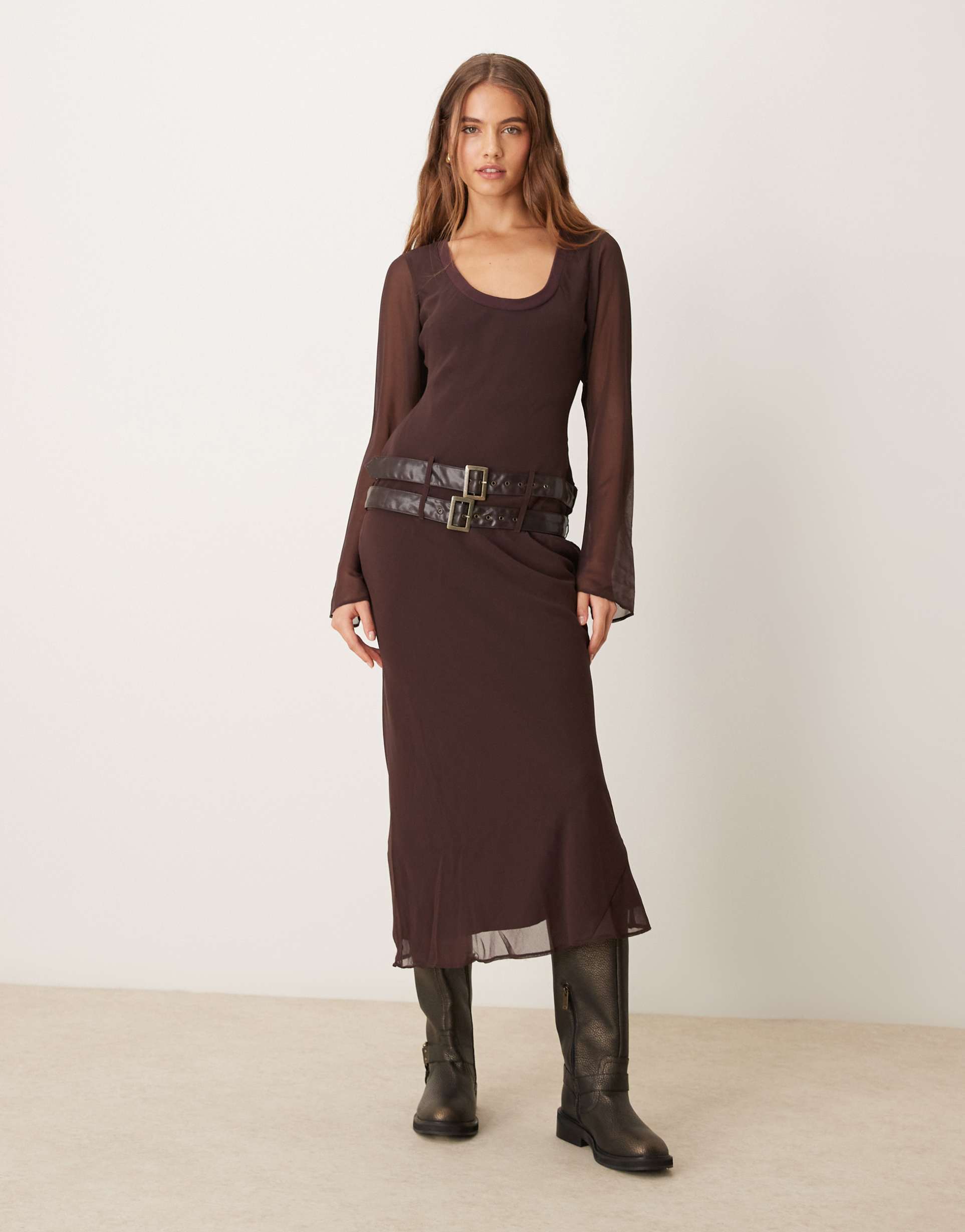 asos design scoop ribbed neck midi dress with double belt in chocolate plum