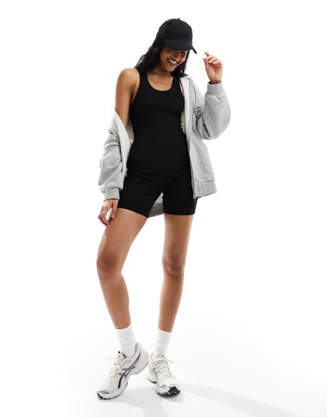 ASOS DESIGN scoop ribbed unitard playsuit in black - view 1