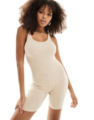 ASOS DESIGN scoop ribbed unitard playsuit in stone-Neutral