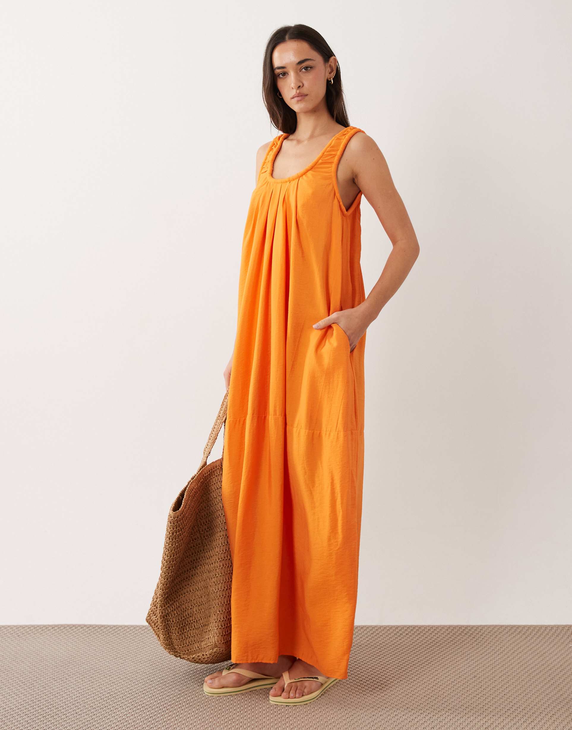 asos design scoop ruched neck maxi sundress in techy fabric in orange