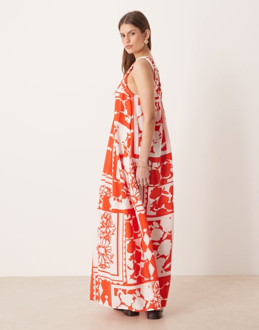 ASOS DESIGN scoop ruched neck maxi sundress in techy fabric in red and white patchwork print, 2 of 4