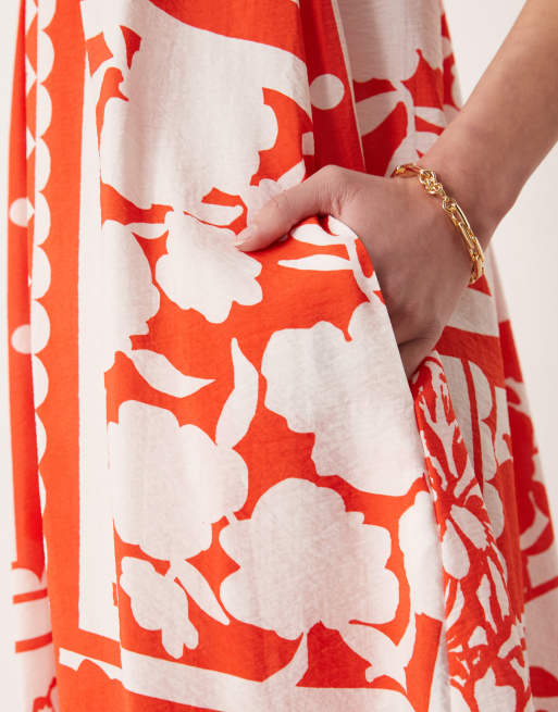 ASOS DESIGN scoop ruched neck maxi sundress in techy fabric in red and white patchwork print, 3 of 4