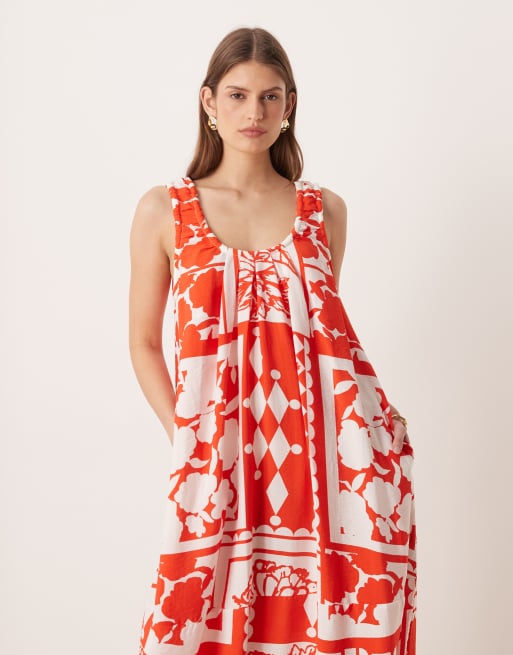 ASOS DESIGN scoop ruched neck maxi sundress in techy fabric in red and white patchwork print, 4 of 4