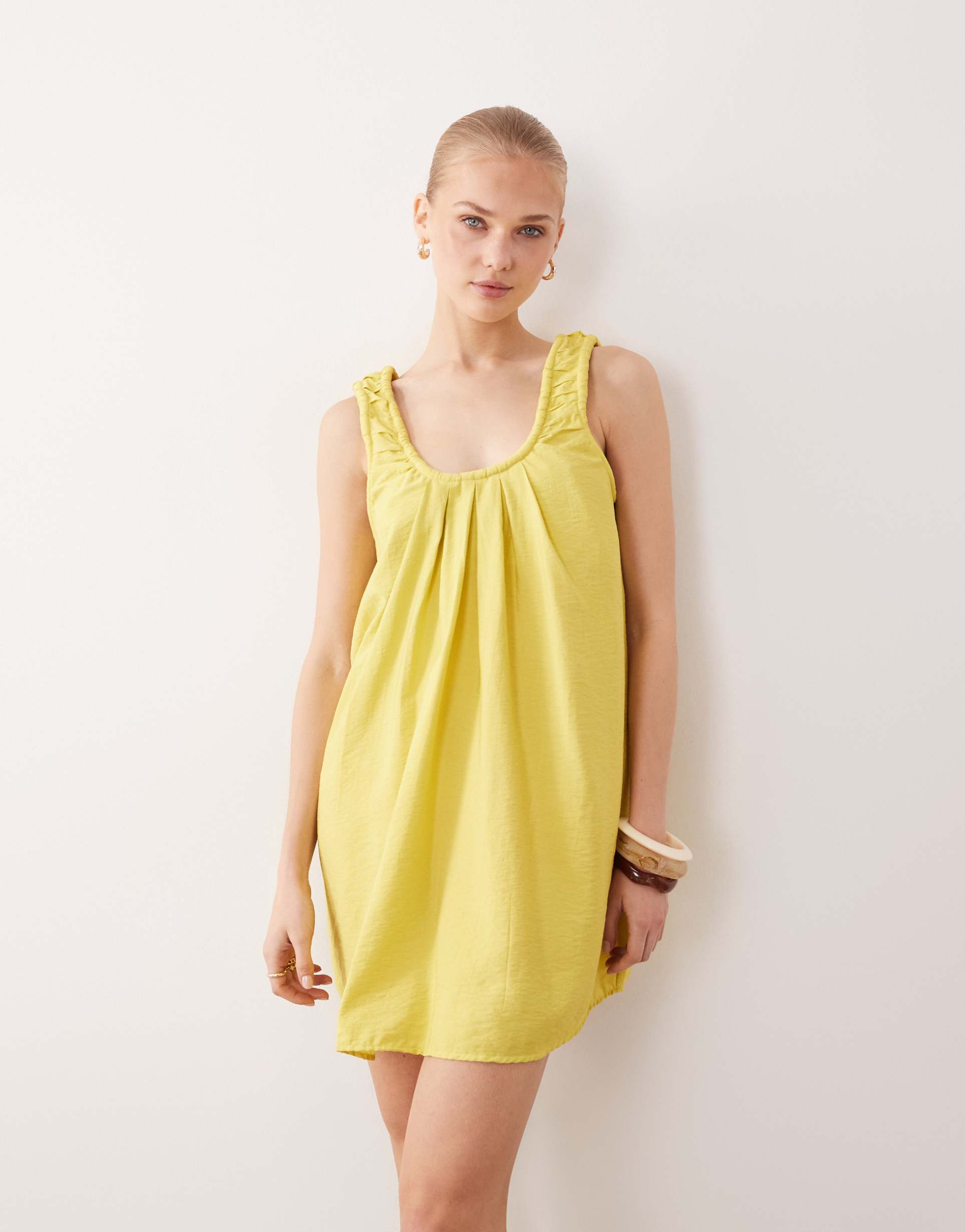 asos design scoop ruched neck mini sundress in techy fabric in lime