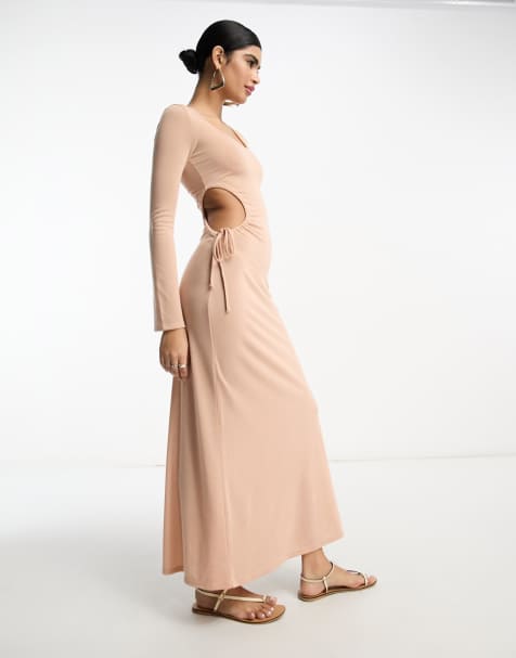 ASOS DESIGN Scoop ruched side maxi dress with long sleeve in light pink - view 1
