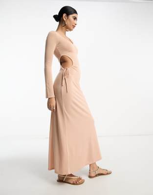 asos design scoop ruched side maxi dress with long sleeve in light pink