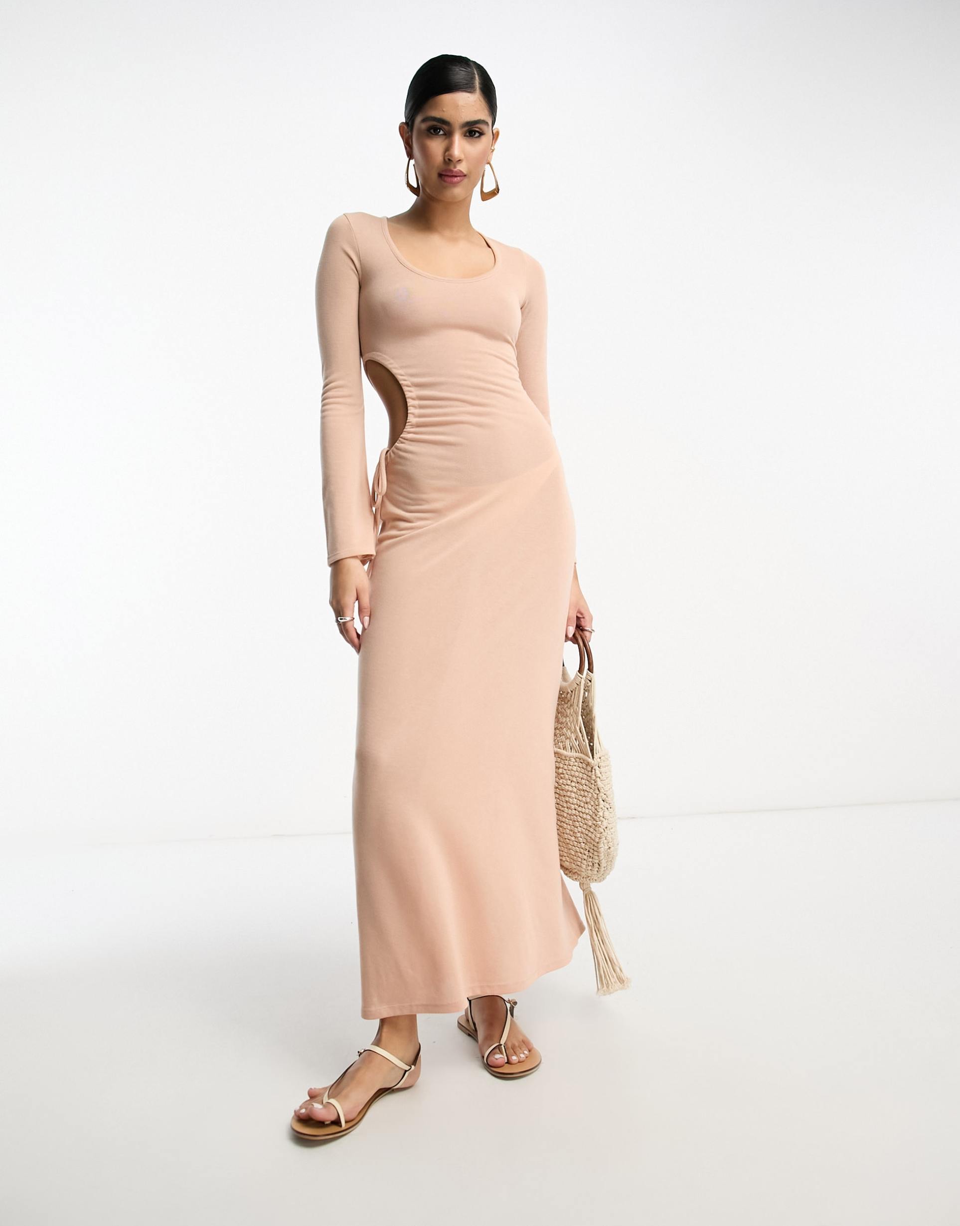 asos design scoop ruched side maxi dress with long sleeve in light pink