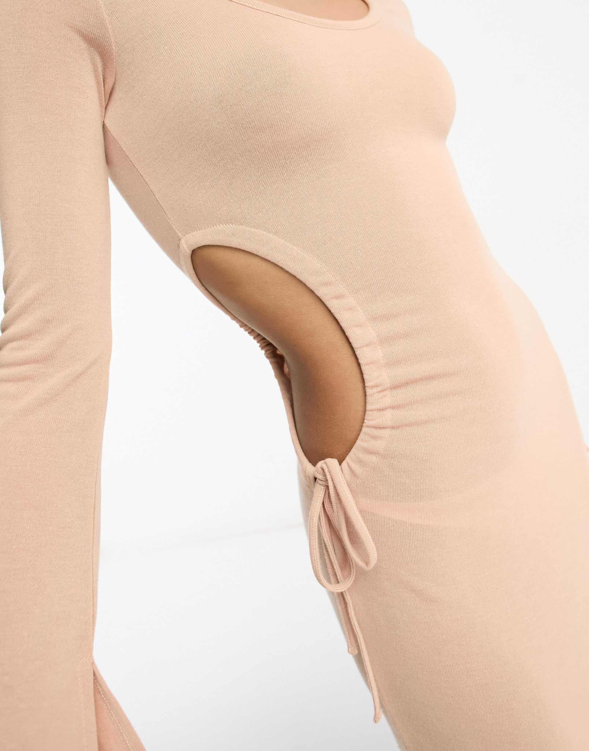 asos design scoop ruched side maxi dress with long sleeve in light pink